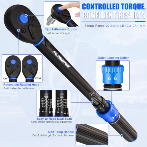 3/8-Inch Drive Click Torque Wrench Set (20-240 in.-lb), 31-Piece Bike & Auto Tool Kit with Metric Sockets (6-21mm), Torx/Hex Bit Sockets, Spark Plug Sockets & Extension - size: 3/8" 20-240 in.lb - 31 Pcs