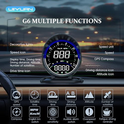 Liiiyuan G6 GPS Speedometer MPH with Speed, Heads up Display, Overspeed Warning, Fatigue Driving Alarm, Display Altitude, Time, Compass, and Distance