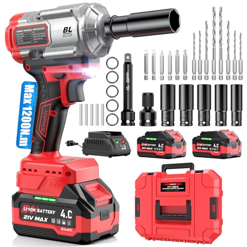 Cordless Impact Wrench 885 Ft-lbs (1200N·m), Brushless 1/2" High Torque 5500 RPM Impact Gun, 2×4.0Ah Batteries, 5 Impact Sockets, Extension Bar & Drill/Driver Bit Set for Car, Home & DIY Projects