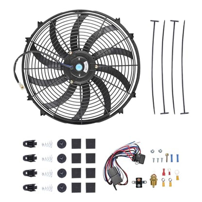 SSN 16" Electric Radiator Cooling Fan Thermostat Wiring Switch Relay Kit - color: Black, size: 16" With Thermostat