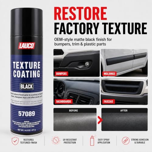 LAUCO Texture Coating Black 14.5 oz Aerosol Spray, Professional Automotive Trim and Bumper Refinisher, Durable Flexible Matte Finish for Plastic, Metal, and Fiberglass Surfaces, Easy Spray Application 57089