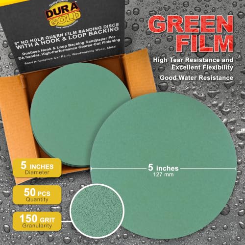 Dura-Gold 5" Green Film Sanding Discs, 150 Grit, Box of 50, Hook & Loop - size: 150-Grit