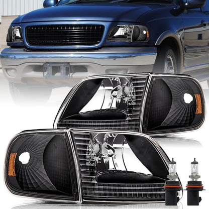 Aosky Halogen Headlights Assembly for 1997-03 Ford F150 Expedition - color: Black / Amber, style: w/ Bulbs