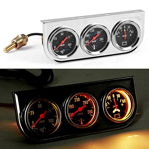 2" 52mm Chrome Panel 3in1 Car Meter Oil Pressure Fahrenheit Water Temp Ammeter Triple Gauge Kit Set Black Face