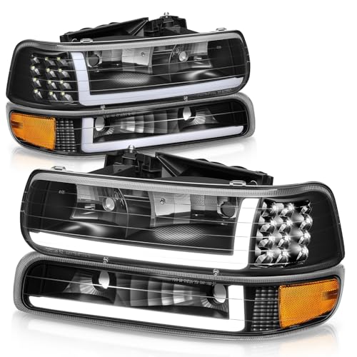 Auto Dynasty 4PCS LED DRL Headlights Assembly and Bumper Lamps Compatible with Chevy Silverado Suburban 1500 2500 3500 Tahoe 99-06, Driver and Passenger Side, Black Housing Amber Corner