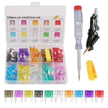 120PCS Car Fuses Assortment Kit,Multi-Specification Automotive Fuses Assortment Kit with 35A/30A/25A/20A/15A/10A/7.5A/5A/3A/2A,Essential Blade Fuse with Fuse Tester & Puller