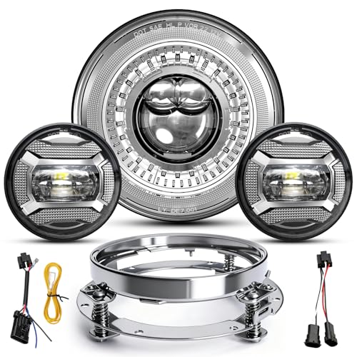 M MIBAHE 1000% Brighter 7 inch LED Headlight with 4.5 Inch Fog Lights Motorcycle Kit DOT Approved Compatible with Road King Road Glide Street Glide Fat boy Heritage Softail Tri Electra Glide, Chrome - color: chrome