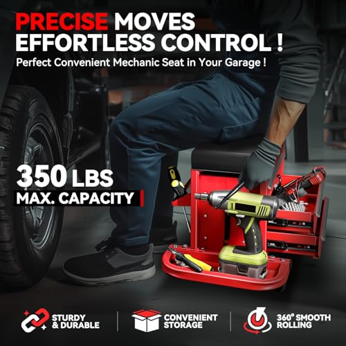 Auto Dynasty Mechanic Rolling Seat, 3-Drawer w/Tool Tray, 350LBS, Red - color: Red