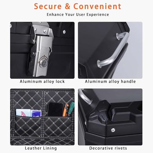 Motorcycle Top Case 45L Trunk Tail Box Bag Aluminum alloy handle with Leather Lining Anti-Theft with Lock & Back Cushion Waterproof Dustproof Easy Installation with Universal Bracket Black - color: Black（45L-Single Lock）