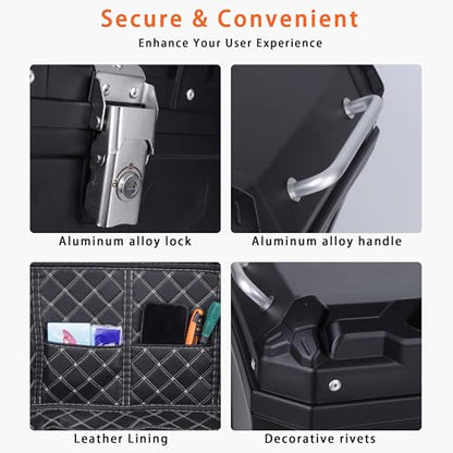 Motorcycle Top Case 45L Trunk Tail Box Bag Aluminum alloy handle with Leather Lining Anti-Theft with Lock & Back Cushion Waterproof Dustproof Easy Installation with Universal Bracket Black - color: Black（45L-Single Lock）