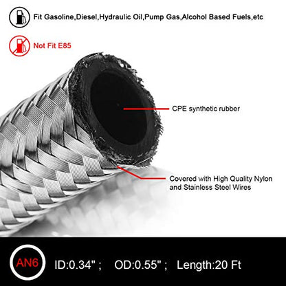Universal 20Ft 6AN AN6 3/8" Braided Stainless Steel Fuel Line Hose,Silver - color: Silver