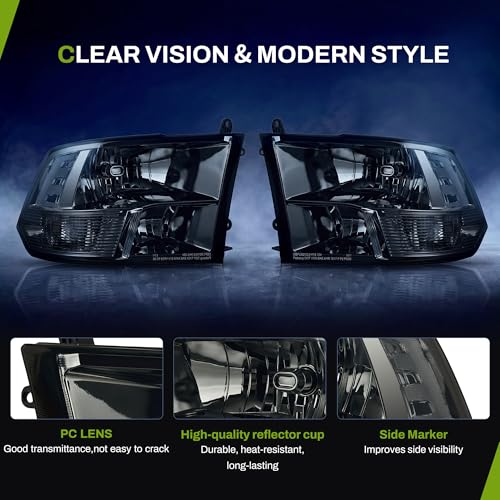AUTOSAVER88 Headlights Assembly Compatible with 2009-2018 Dodge Ram 1500/10-18 Dodge Ram 2500 3500/19-22 Ram 1500 Classic Headlamp Replacement Smoke Lens Clear Reflector (Only for Quad Models) - color: Smoke Lens Clear Reflector