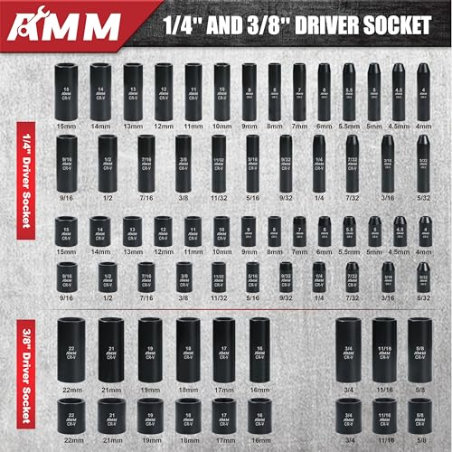 AMM 123Pcs Impact socket set，1/4”3/8”Drive Deep&Shallow Socket wrench set，6 Point Metric&Standard Full 5/32"-3/4"，4-22mm with Spark plug sockets，72T Ratchet handle，Screwdrivers，for Automotive&Home