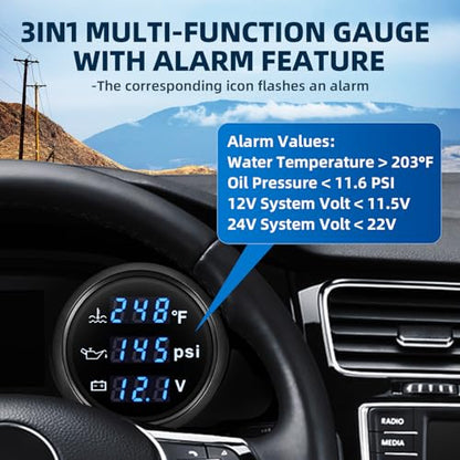 MH Triple Gauge Set - Water Temp (104°F-248°F), Oil Pressure (0-145PSI), Voltmeter (9-32V), Blue Backlight AUTO Gauge with Sensors 2" 52mm 3-in-1 Boat Marine Meter Kit (Black) - color: Black