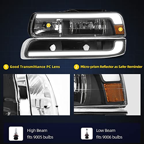 DWVO LED DRL Headlight Assembly Compatible with 1999-2002 Chevy Silverado - color: Black Amber