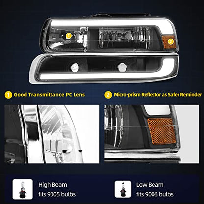 DWVO LED DRL Headlight Assembly Compatible with 1999-2002 Chevy Silverado - color: Black Amber