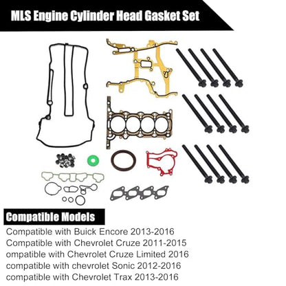 GXARTS Engine Full Head Gasket Kit w/Cylinder Head Bolts fit for Chevrolet Trax Sonic Cruze Limited HS26540PT-1 fit for Buick Encore 1.4L w/Timing Cover Gasket, Intake & Exhaust Manifold Gasket Set