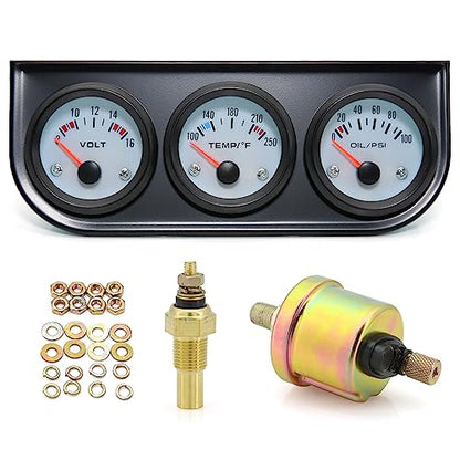 ARTILAURA 52mm Triple Gauge Set (Oil Pressure+Water Temp+Voltmeter) 3 in1 White Triple Meter Kit Dashboard with Black Console for 12V AUTO Car - color: White
