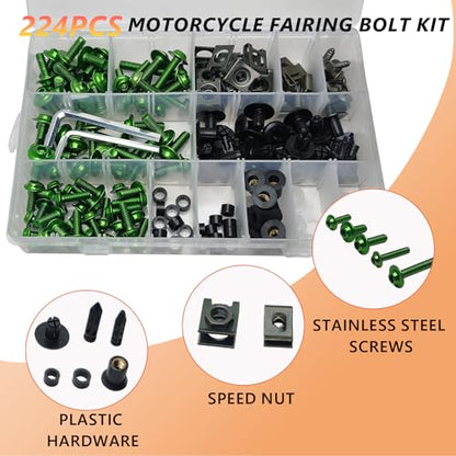 224Pcs Motorcycle Fairing Bolt Kit Stainless Steel (Green) - color: Green