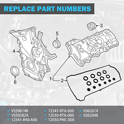 Valve Cover Gasket Set - Compatible with 2.0L 2.3L 2.4L 2002-2015 Honda Accord, Civic, CR-V, Element, Crosstour, Acura CSX, ILX, RDX, RSX, TSX - Replace VS50614R, 12341-R40-A00