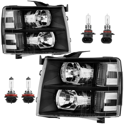 KUIPERAUTO Headlight Assembly Compatible with 2007-2013 Chevy Chevrolet Silverado 1500 2500HD 3500HD Front Lamp with Bulb Black Housing/Clear Lens/Clear Corner - color: Black/Clear/Clear