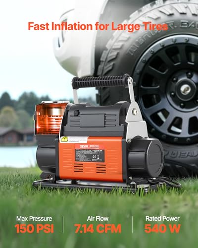 VEVOR 12V Heavy Duty Air Compressor, Auto-Stop Portable Tire Inflator with LCD Digital Display, 7.14 CFM 150PSI Offroad Air Pump with Adapters for Trucks Car SUV 4 x 4 Vehicle RV - style: 7.14 CFM Auto-Stop