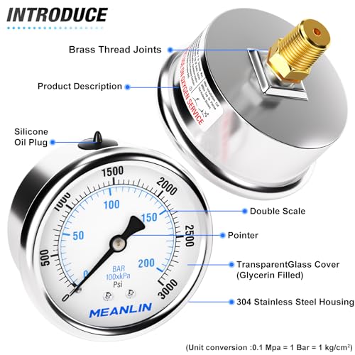 MEANLIN MEASURE 0~3000Psi Stainless Steel 1/4" NPT 2.5" FACE DIAL Liquid Filled Pressure Gauge WOG Water Oil Air Center Back Mount, with 1/2" NPT and 3/8" NPT Hex Bushing - size: 0-3000Psi