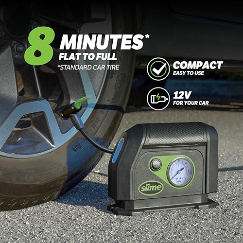 Slime 40050 Tire Inflator, Portable Car Air Compressor, with Analog 100 psi Dial Gauge, Long Hose and LED Light, 12V, 8 min Inflation - style: Analog Tire Inflator