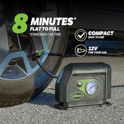 Slime 40050 Tire Inflator, Portable Car Air Compressor, with Analog 100 psi Dial Gauge, Long Hose and LED Light, 12V, 8 min Inflation - style: Analog Tire Inflator