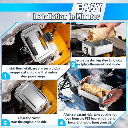 Hohean Exhaust Food Warmer Kit, Stainless Steel Lunch Box, Food-Grade Exhaust Cooker with High-Temp Oven Bags, ATV UTV Motorsports Camping Cold Weather Snowmobile Accessories（1 Pack）