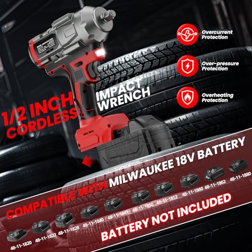 Cordless Impact Wrench 1/2 inch for Milwaukee Battery, Impact Wrench 1360N.m(950Ft-lbs) High Torque Brushless Electric Impact, Power Impact Driver with 3-Mode Speed, LED Work Light(Tool Only)