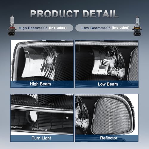 KUIPERAUTO Headlight Assembly Front Lamp Compatible with 1999-2006 GMC Sierra 1500 2500, 2000-2006 GMC Yukon Headlamp w/Bulb Black Housing/Clear Lens/Clear Corner - color: Black/Clear/Clear