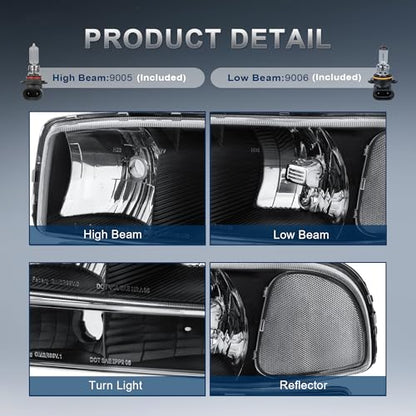 KUIPERAUTO Headlight Assembly Front Lamp Compatible with 1999-2006 GMC Sierra 1500 2500, 2000-2006 GMC Yukon Headlamp w/Bulb Black Housing/Clear Lens/Clear Corner - color: Black/Clear/Clear