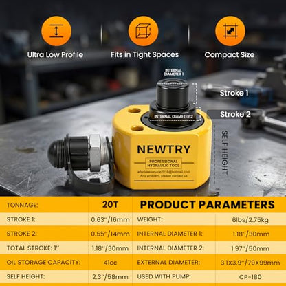 NEWTRY 20T Low Profile Hydraulic Ram Jack, 1.2" Stroke Multi-Section - size: 20T