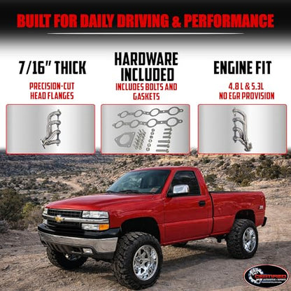 Stainless Steel Shorty Exhaust Headers 1999-2001 Silverado Sierra 1500, 2000-2001 Chevy Tahoe Yukon 4.8L 5.3L 3 Engines