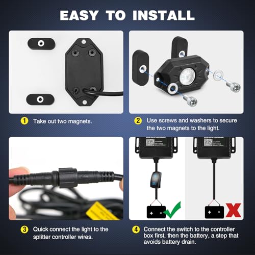 Nilight RGB LED Rock Lights Kit 6PCS Bluetooth App Control Multicolor - color: RGB 3LED w/Magnetic base, size: 6 Pods