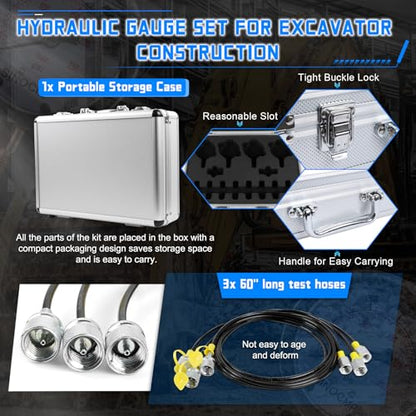 Hydraulic Pressure Test Kit with 4 Gauges 10 Couplings 3 Hoses, Hydraulic Tester Gauge Set 10Mpa/25Mpa/40Mpa/60Mpa for Excavator Construction Machinery - size: Silver 4 Gauges 10 Couplings