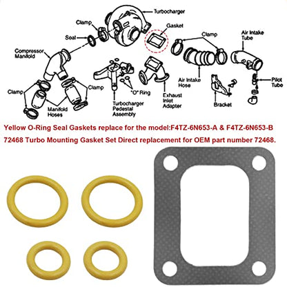 72468 Turbo Mounting Gasket Set & 7.3L Powerstroke Diesel Turbo Pedestal Yellow O-Ring Seal Gaskets F4TZ-6N653-A F4TZ-6N653-B Compatible with Ford 1994-2003 7.3L Powerstroke Diesel