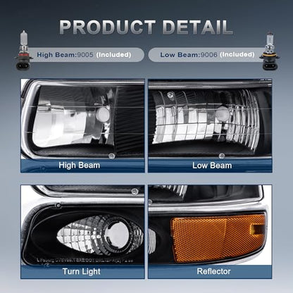 KUIPERAUTO Headlight Assembly Front Lamp Compatible with 1999-2002 Chevrolet Silverado 1500 2500 2000-2006 Suburban 1500 2500 Tahoe Black Housing/Clear lens/Amber Corner w/Bulb - color: Black/Clear/Amber
