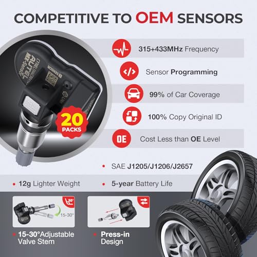 Autel MaxiTPMS MX Sensors 20 PCS: 2026 20 Pack Metal Stem 315/433MHz TPMS Sensors, Universal Tire Sensor Programmed by TPMS Tool TS408S TS508WF Kit MS906 Pro-TS MK808TS MS906TS MP900TS MK900TS