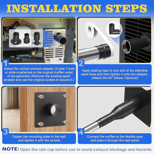Generator Exhaust Extension Silencer kit with Three Universal Adapters, Through-Wall Mounting Plate Safely Vent Exhaust Reduce Noise By 52%, Compatible with ALL Portable Generators