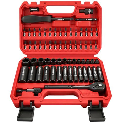 64-Piece 1/4" Drive Impact Socket Wrench Driver-Bits Set, Cr-V Metric&SAE Deep and Shallow Socket Set, S2 Power Bits with Quick-Release Ratchet Handle, Universal Joint, Bit Holder, Power Drill Adapter - style: 1/4" | 64-Piece Socket & Bit Set