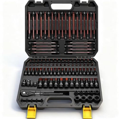 112-Piece Torx and Allen Bit Socket Set, 1/4", 3/8",1/2" Drive Bit Socket Set with Ratchet Wrench, Adapters, Extra Long & Tamper Proof torx/Hex/Ball End Hex/E-torx, SAE & Metric - color: 112-piece Black