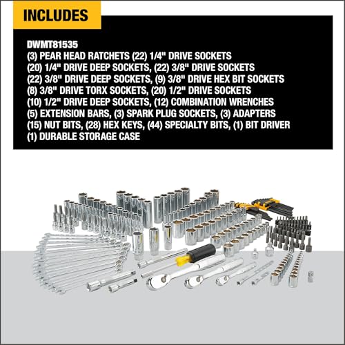 DEWALT Mechanic Tool Set, 247-Piece, 1/4 in., 3/8 in. and 1/2 in. Drive, SAE, Ratchets, Sockets, Hex Keys, Combination Wrenches, Polish Chrome Finish (DWMT81535) - style: 247 pc