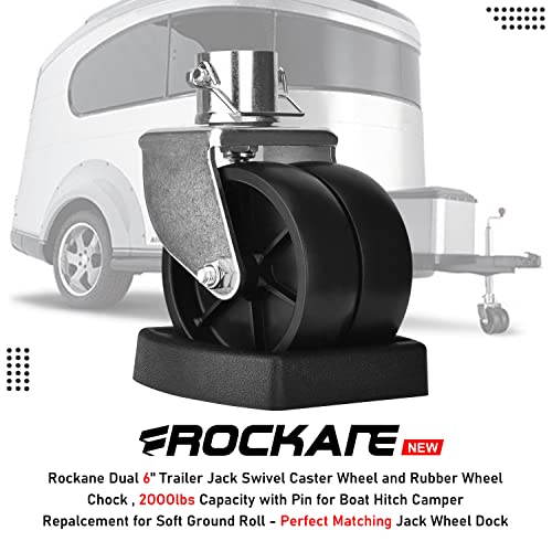 Rockane Dual 6'' Trailer Jack Swivel Caster Wheel Replacement with Rubber Wheel Chock，2000LBs Capacity with Pin for Boat Hitch Camper for Soft Ground Roll - Perfect Matching Jack Wheel Dock - size: 2000LBs Black with Chock