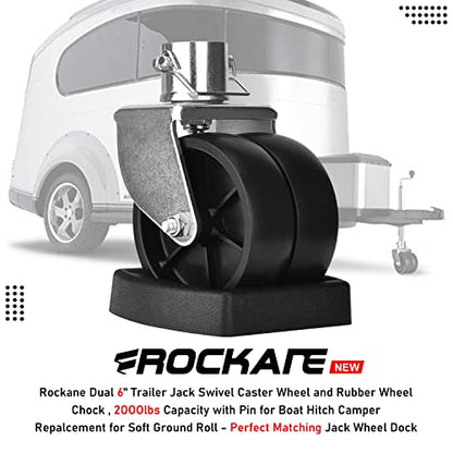Rockane Dual 6'' Trailer Jack Swivel Caster Wheel Replacement with Rubber Wheel Chock，2000LBs Capacity with Pin for Boat Hitch Camper for Soft Ground Roll - Perfect Matching Jack Wheel Dock - size: 2000LBs Black with Chock