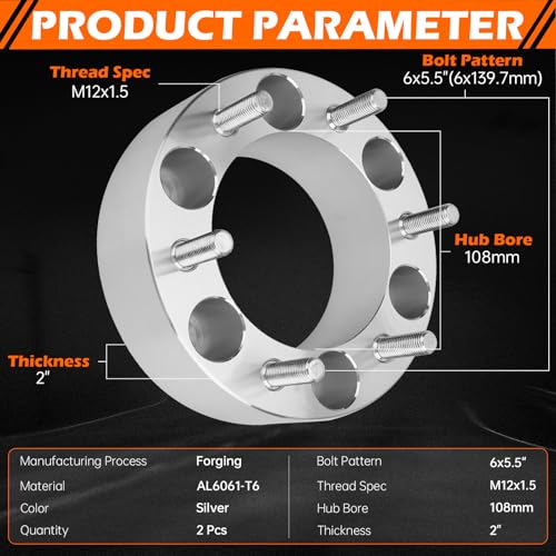 GAHA 6x5.5 Wheel Spacers 108mm M12x1.5 Fit for Toyota Tacoma 95-22, 2 inch - color: 6x139.7mm-108mm-2PCS