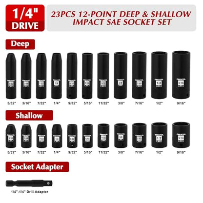 EMENTOL 1/4" Drive Impact Socket Set, 23 Pieces Deep & Shallow Socket Set, SAE 5/32"-9/16", 12 Point CR-V, Includes Drill Bit Adapter - size: 1/4" Drive (4-14mm)