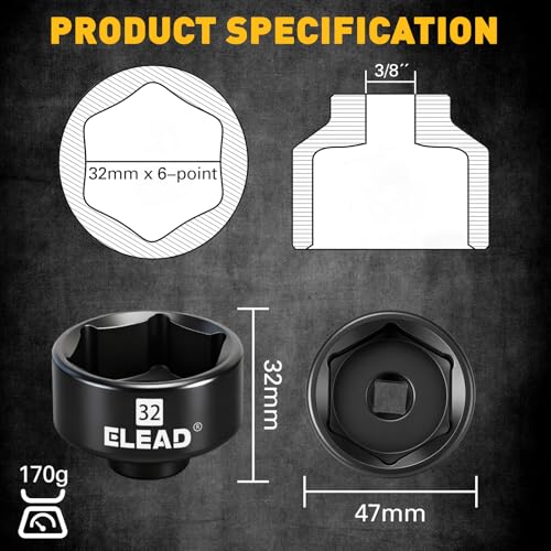 ELEAD 32 mm Oil Filter Socket Wrench, 3/8'' Drive 6-Point Oil-Filter Removal Tool, Metric Oil Filter Wrenches, Low Profile Design for Easy Removal, Chrome Vanadium Steel Oil-Change Tool - style: 32mm