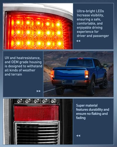 Nilight Taillight Assembly for 2009-2014 2015 2016 2017 2018 Dodge Ram - color: LED Black